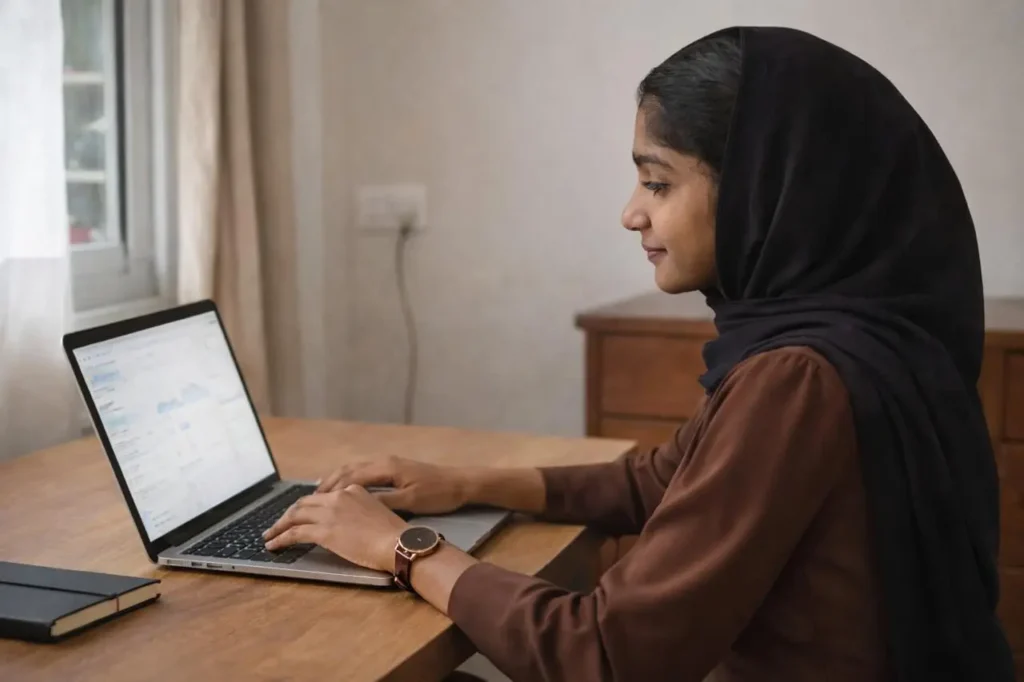 A freelance digital marketer working on a laptop, analyzing data and planning digital strategies.